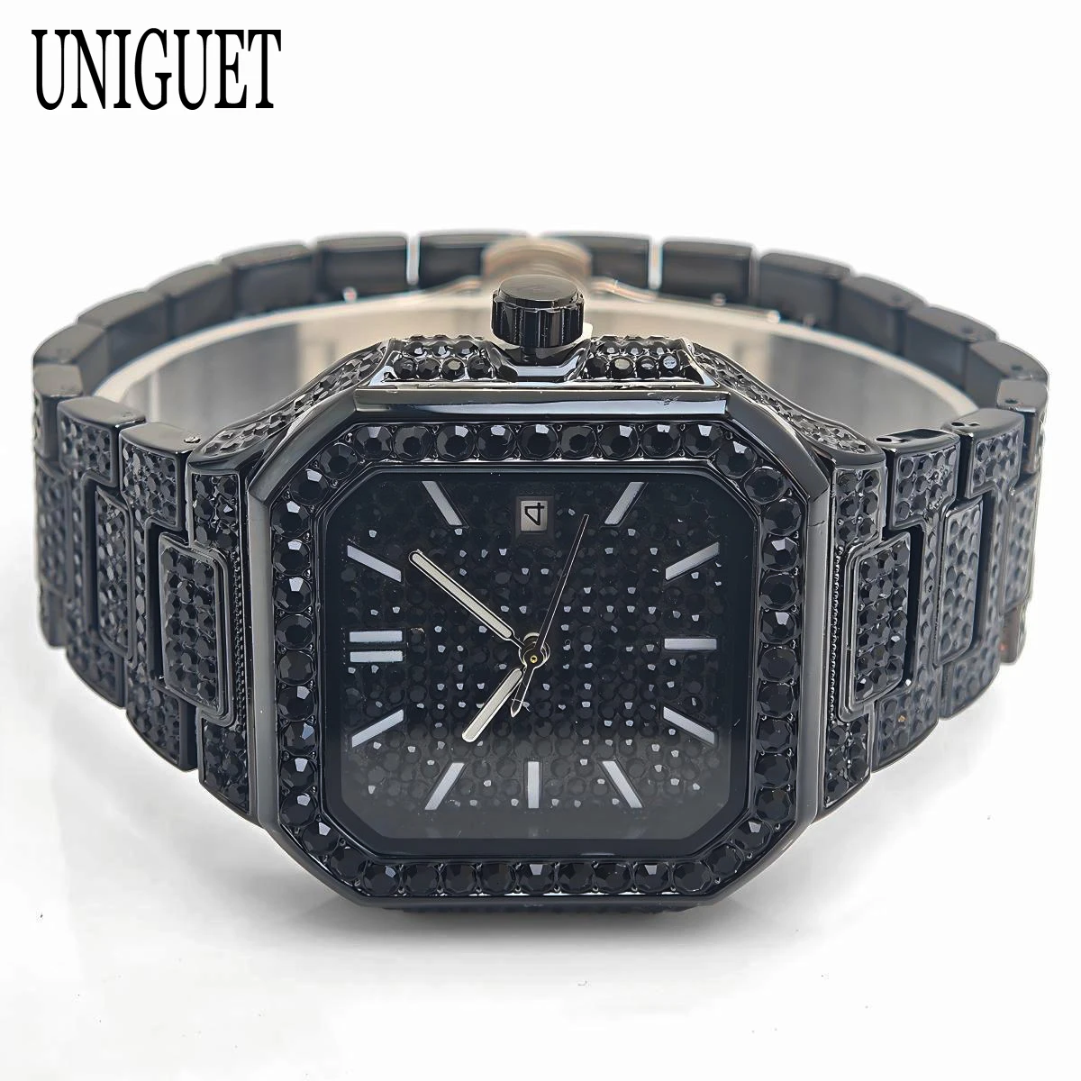 

2025 New Black Iced Watch For Men Brand UNIGUET Fashion Waterproof Quartz Watch Man Hip Hop Diamond Jewelry Square Wristwatch