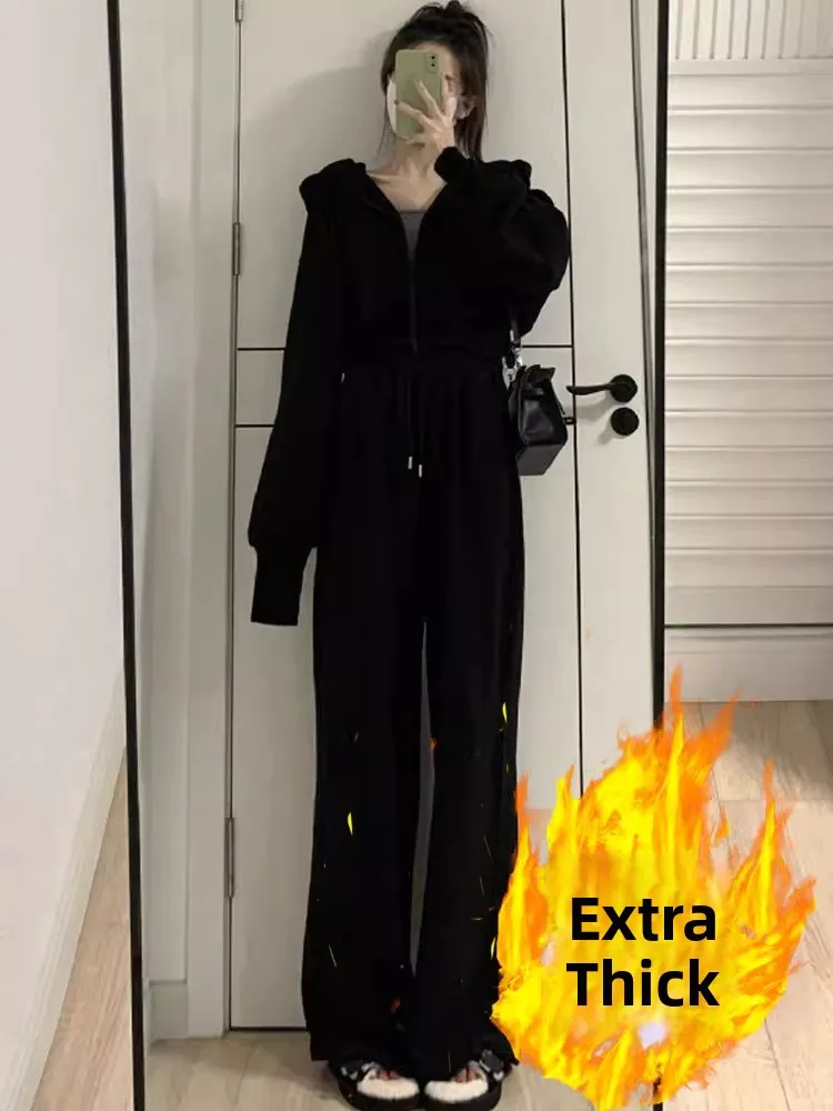 

Комплект повседневной спортивной одежды больших размеров (до 300 фунтов) с флисовой подкладкой: утепленное худи и широкие брюки, комплект из двух предметов, осень-зима