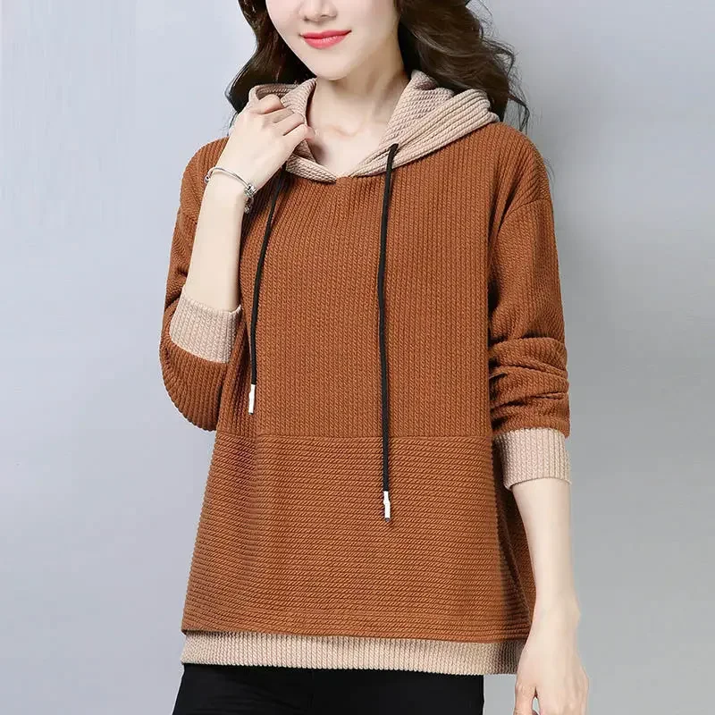 

Women Fashion Contrast Color Loose Casual All-match Pullovers 2025 Spring Autumn New Hooded Long Sleeve Drawstring Sweater