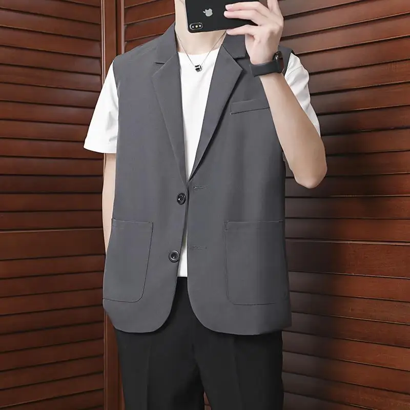 KIDWHXR Suit Vest Man Summer Korean Turn Down Collar Pocket Male Waistcoat Loose Sleeveless Comfortable Office Casual Men Coat