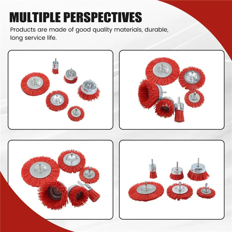 A7THK-6Pcs Nylon Filament Abrasive Wire Brush Wheel & Cup Brush Set With 1/4 Inch Shank, 6 Sizes Nylon Drill Brush Set Perfect