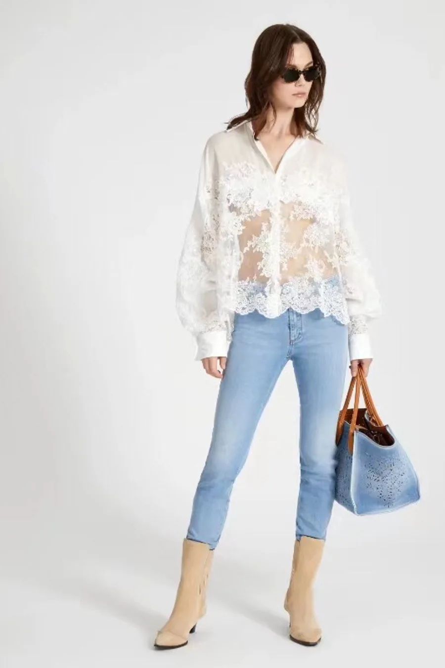 

2026 New Spring Women's Cotton White Shirt Sexy Transparent Patchwork Lace Casual Loose Tops