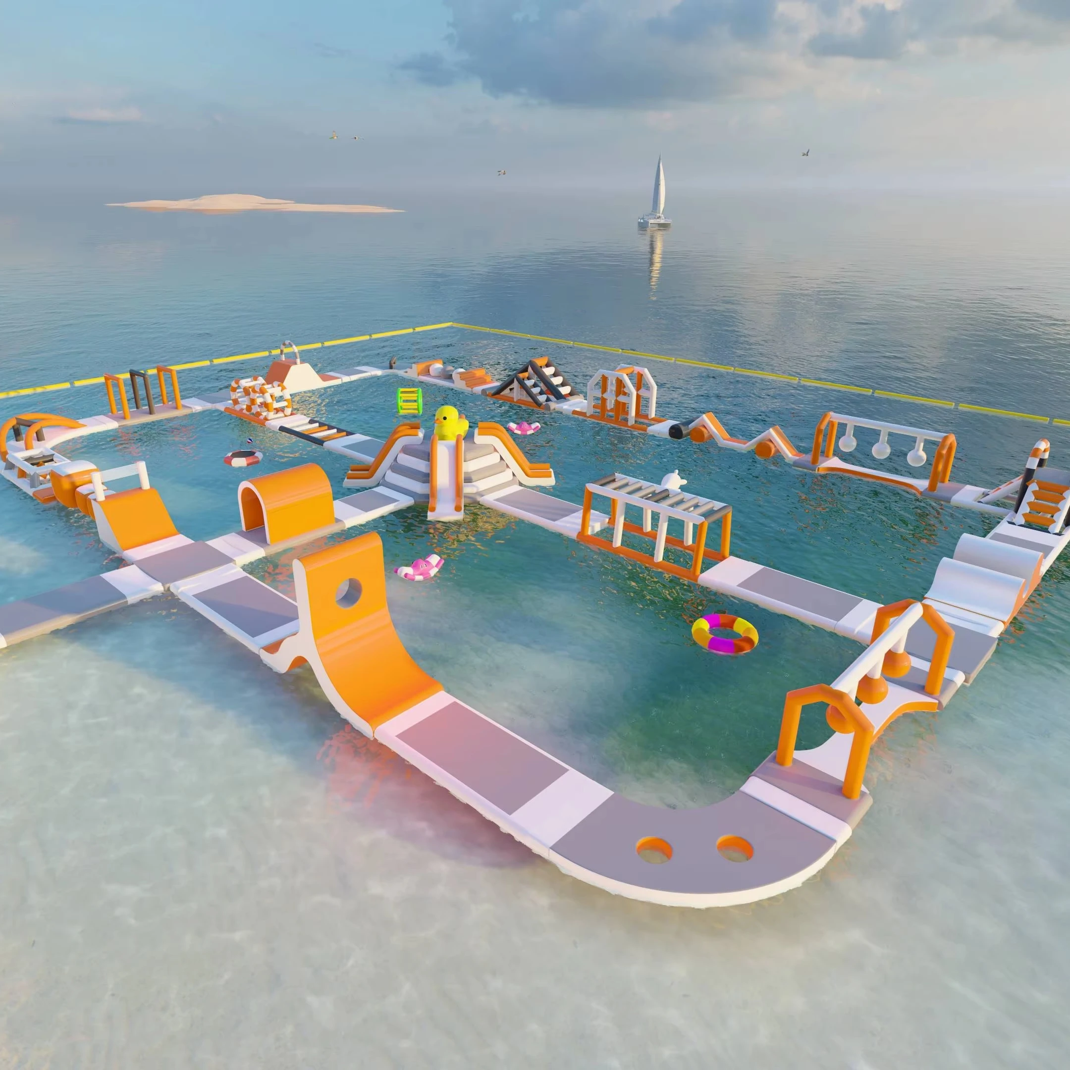 

Customizable Size Yellow Duck Theme Play Design Inflatable Floating Water Park Trampoline Castle For Lake Sports