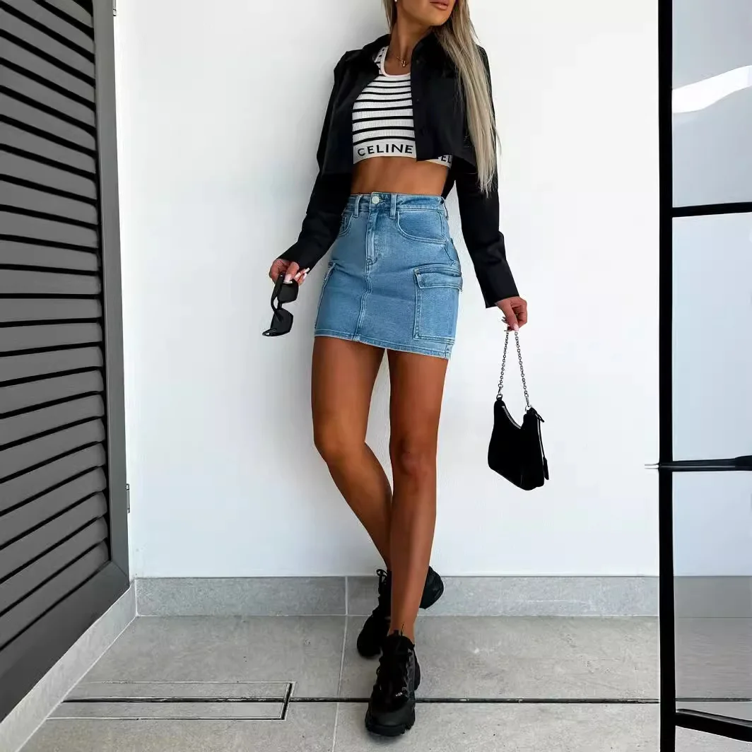 Summer New Sle Spicy Girl Street Faion Denim Patchwork  Skirt Women's American Sle f-length Skirts