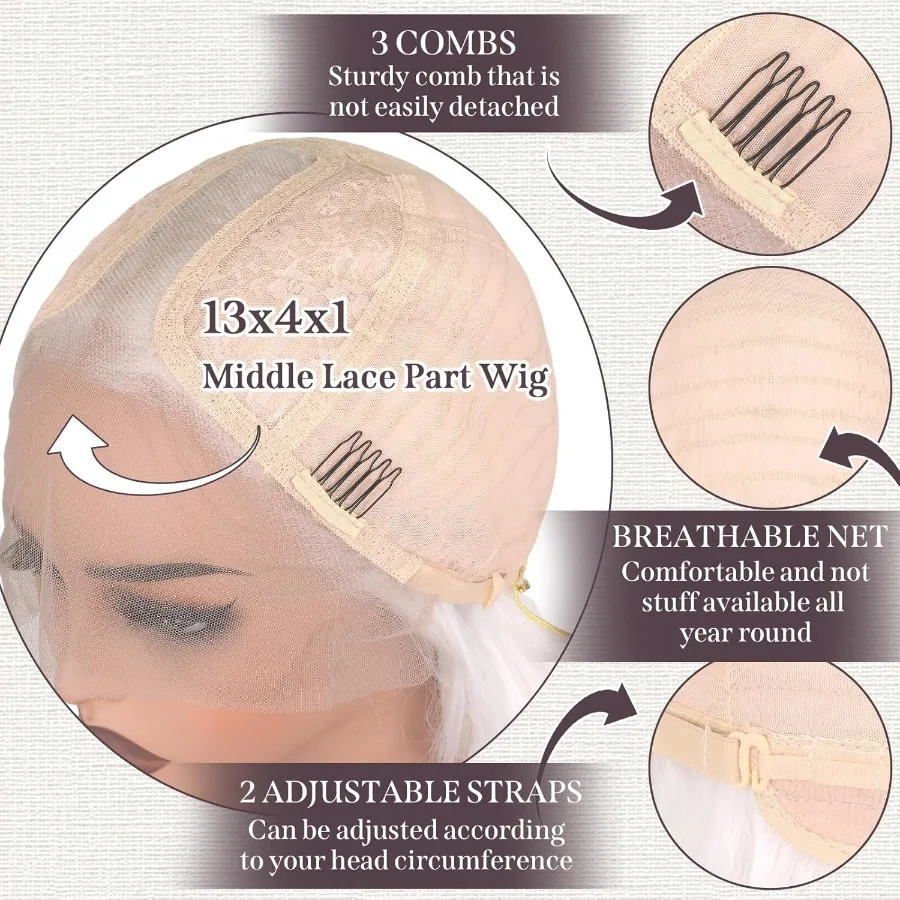Wig sintetis lace front putih bergelombang panjang 26 inci dengan HD TPart untuk wanita, tampak alami seperti rambut manusia, desain belahan tengah, sudah dirapikan.