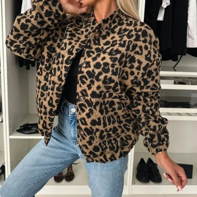 Elegant Coats for Women 2025 Fall Casual Long Sleeve Pocket Stand Neck Outerwears Fashion Leopard Printed Loose Short Jackets