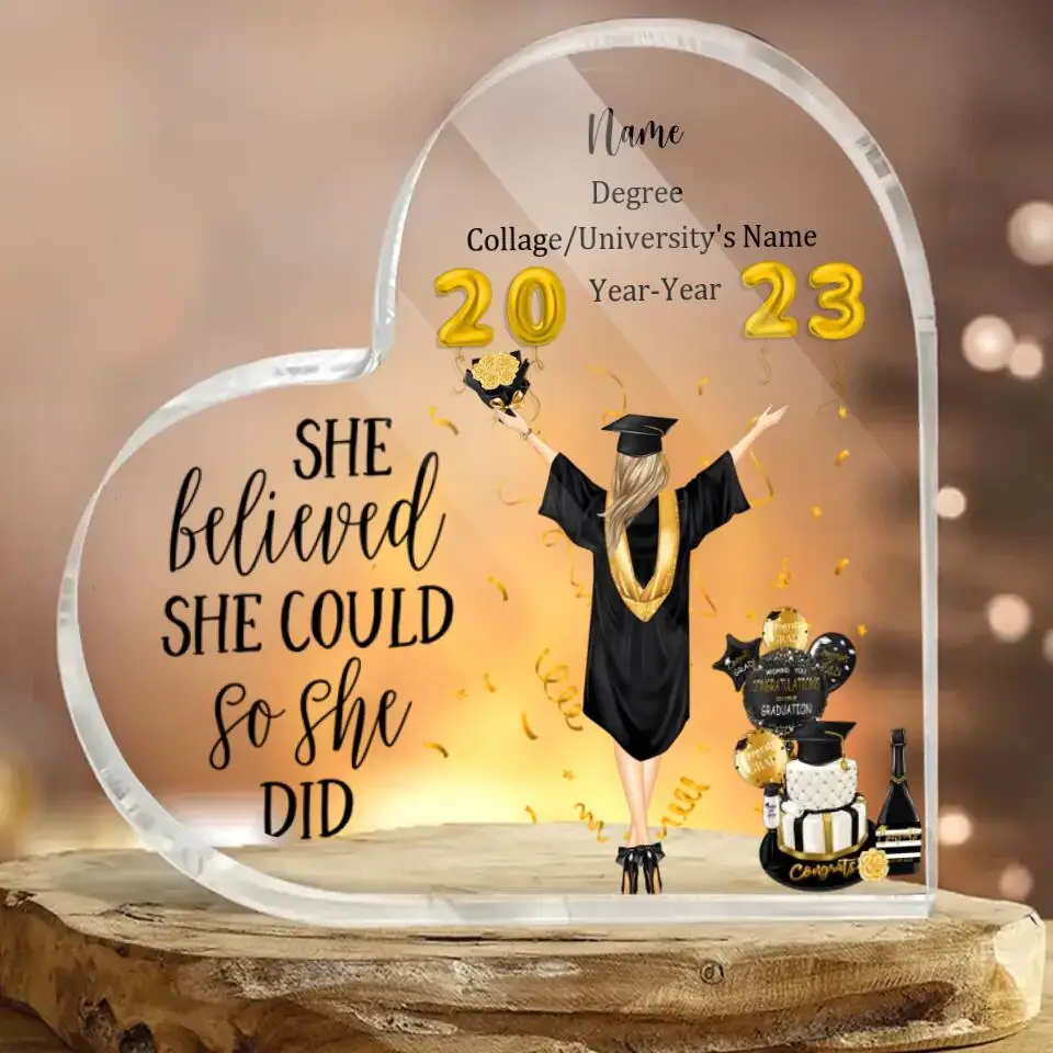 University Grad Print Acrylic Heart Plaque No Base Graduation Gift for Classmates Alumni Best Friend Keepsake Sign Table Decor