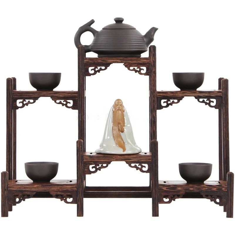 Chicken wing solid wood Chinese retro storage rack small multi treasure chest purple teapot tea set shelf racks display stand