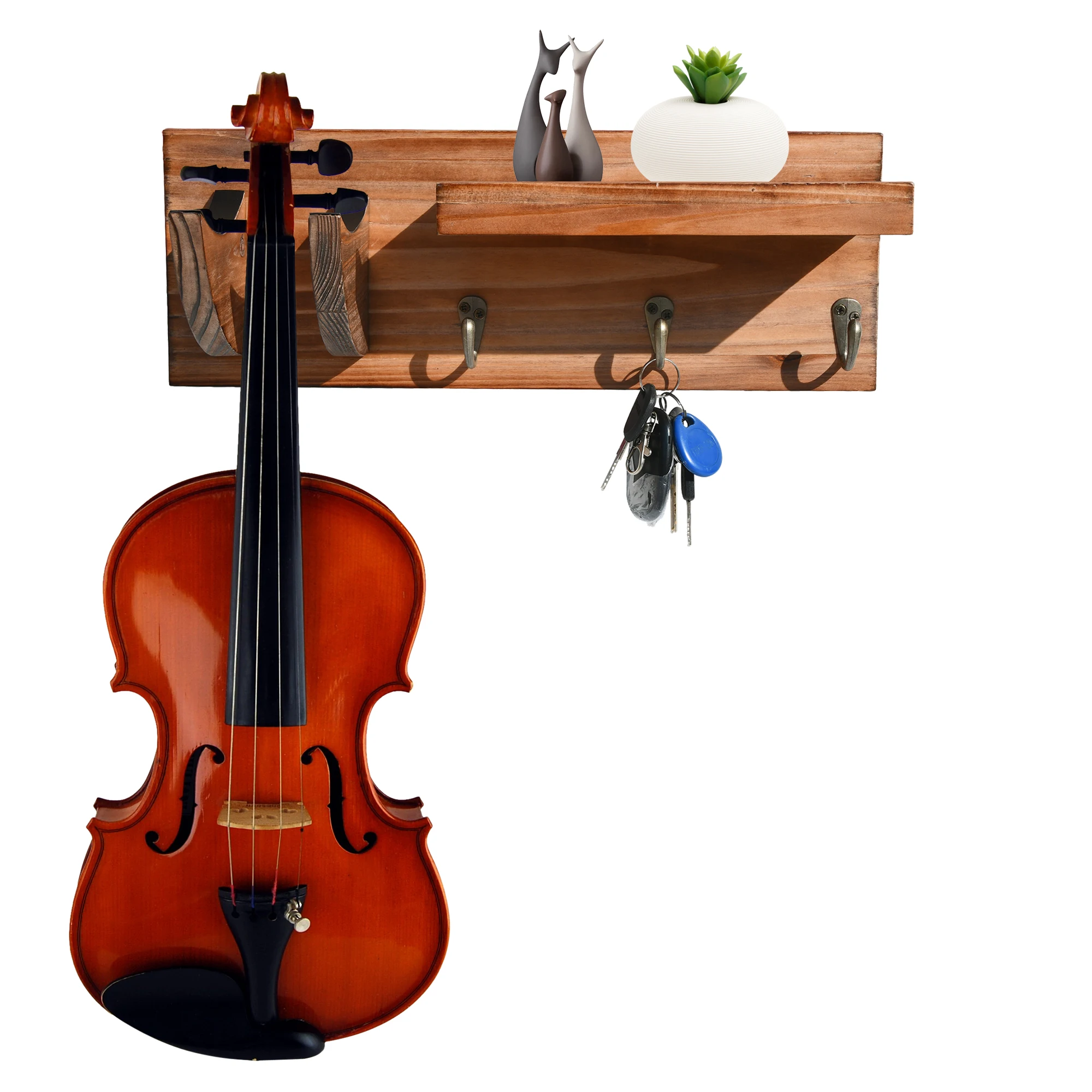 Wooden Wall Mounted Guitar Hanger with Shelf and Pick Hooks Key Holder for All Size Guitar Accessories