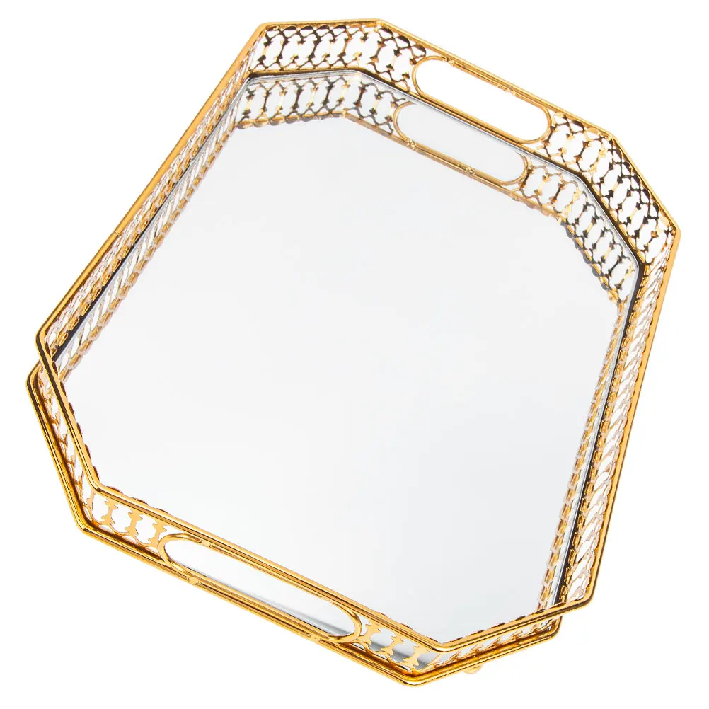 

Iron Art Glass Mirror Jewelry Tray Elegant Storage Holder for Bathroom Vanity Bedroom Dresser Decorative Perfume Tray