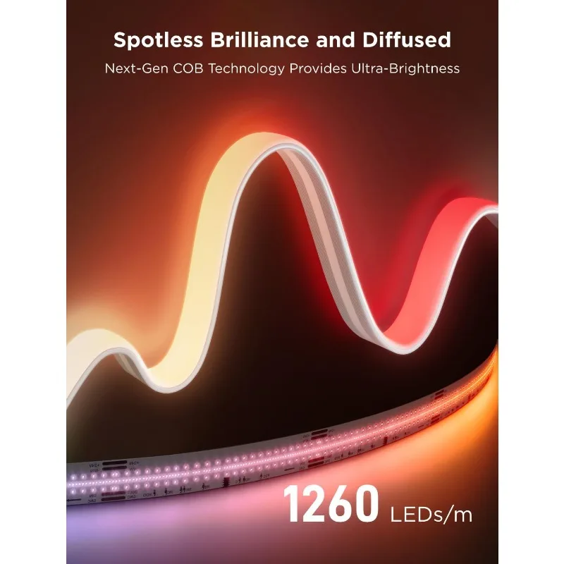COB LED Strip Light Pro, luzes LED para quarto compatível com Alexa, Google Assistant e Matter, luz RGBICW com quente
