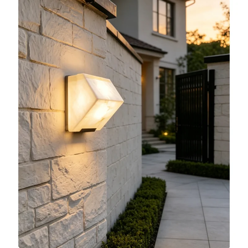 Natural Outdoor Wall Sconce Minimalist Square Exterior Wall Lamp  Marble Textured Wall Light, -Wall Fixture For Villa Gate Patio