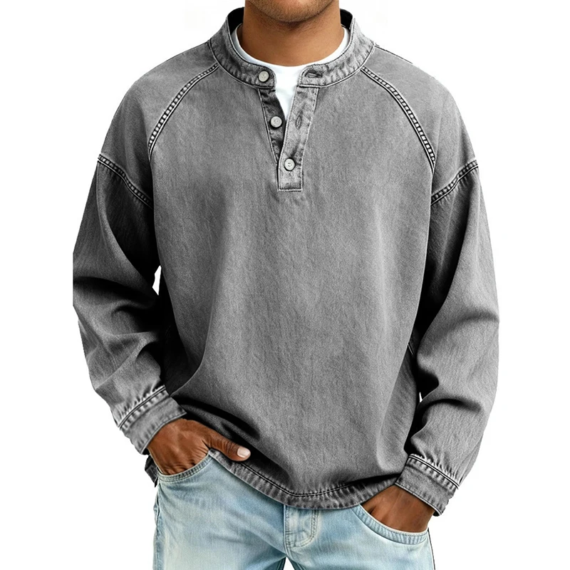 Autumn Version New Retro Men'S Hoodie Jacket Zipper Stand Up Collar Solid Color Denim Casual Loose Hoodie Long Sleeved Shirt