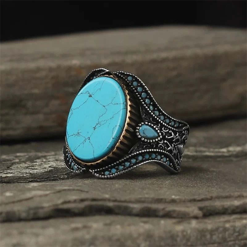 Vintage Round Geometry Metal Inlay Blue Stone Silver color Flower Rings for Men Party Jewelry Gift