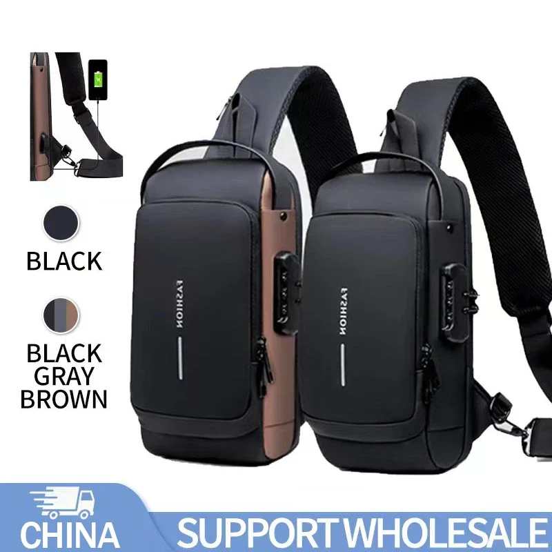 

NEW Men Fashion Chest Bag Anti-theft Tape Portable Backpack with USB Charging Port Male PU Shoulder Outdoor Sports Crossbody Bag