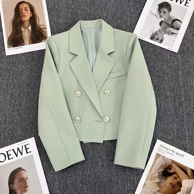 2024 Blazer cortado formal: jaqueta escolar dupla breasted preta, smoking curto de mistura de lã, agasalhos de escritório femininos chiques S-XL