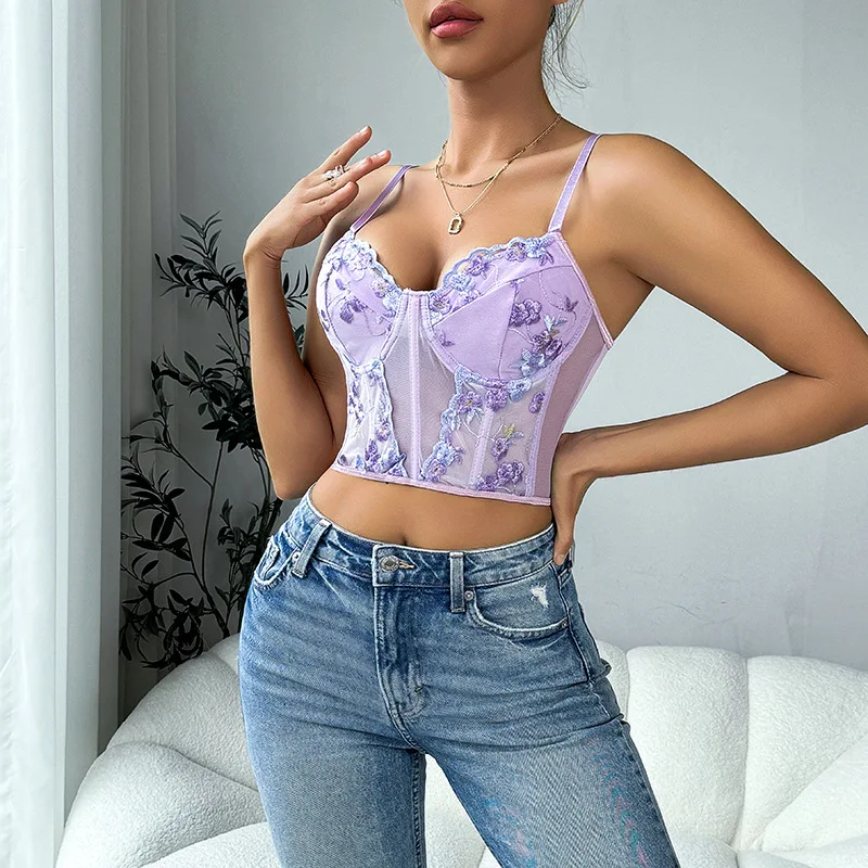 CHUANGERM Sexy Corset Embroidery Floral Spaghetti Strap Sheer Ring Fishbone Slim Crop Top Sleeveless V-neck Backless Bandage Top