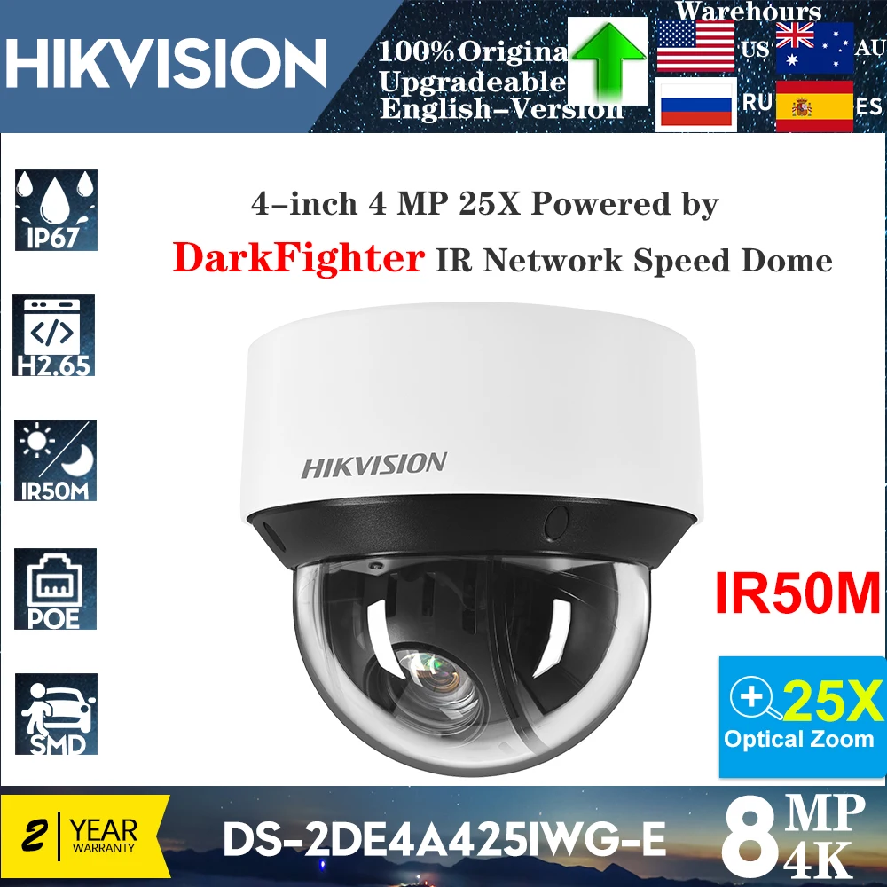 

Original Hikvision 25X Zoom PTZ Camera DS-2DE4A425IWG-E 4-inch 4MP POE DarkFighter IR50M Auto Tracking Network Speed Dome Camera