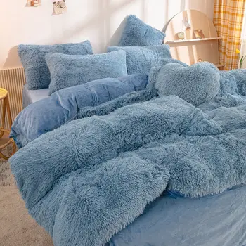 Winter Warm Blue Bedding Set Soft Plush Kawaii Mink Velvet Queen Duvet Cover Set Sheets Pillowcase Single Double Bedding Sets 이불