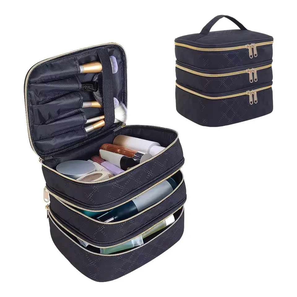 

3-Layer Large Capacity Quilted Makeup Bag Organizer with Handles - Suitable for Travel and Home Organizer Tools Case