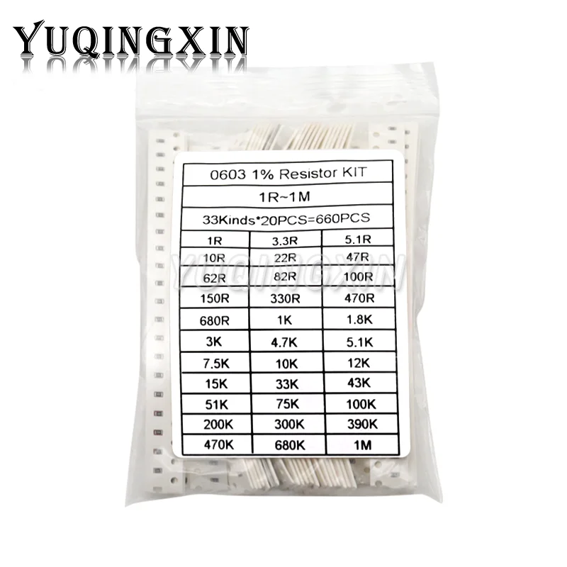 660pcs 0201 0402 0603 0805 1206 1% SMD Chip Resistor Assorted Kit 1R - 1M ohm 33valuesX20pcs Resistance Sample Set