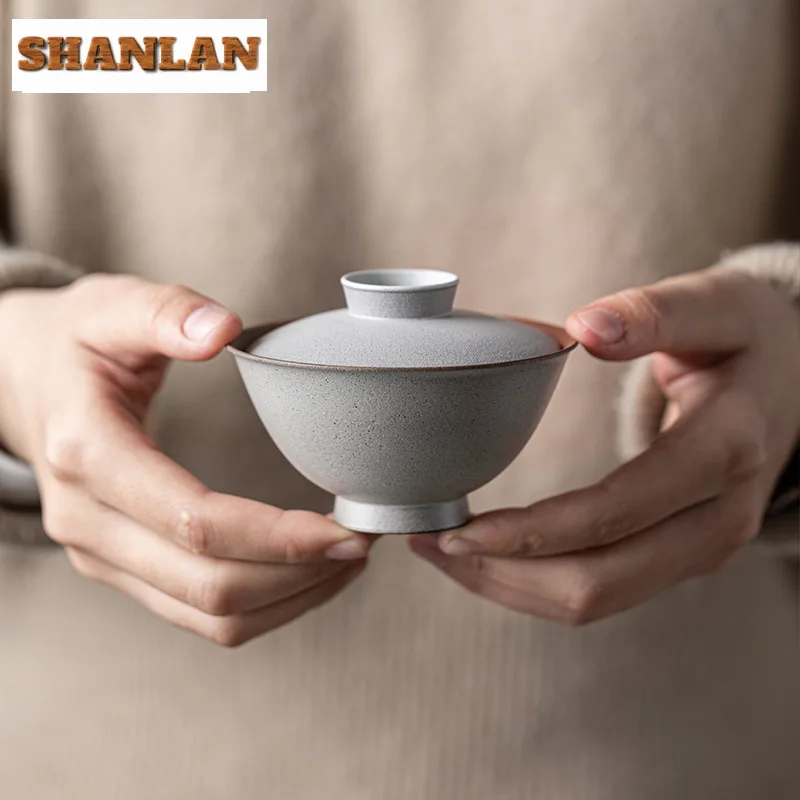 

100ml Handmade Coarse Pottery Anti Scalding Gaiwan Antique Tea Tureen Household Tea Making Cover Bowl Chinese Tea Set Ornaments