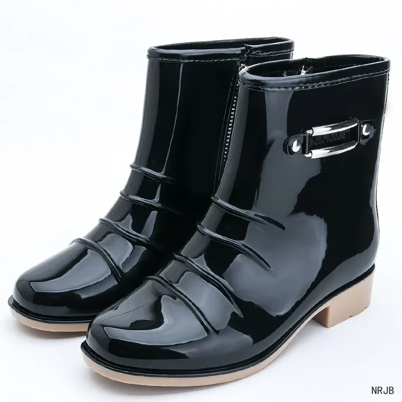 Black Rubber Rain Boots Women wellies  PVC Gumboots Vamp Rubber Sole Galoshes Gumboots Rainboots Women Round Toe Slip-On