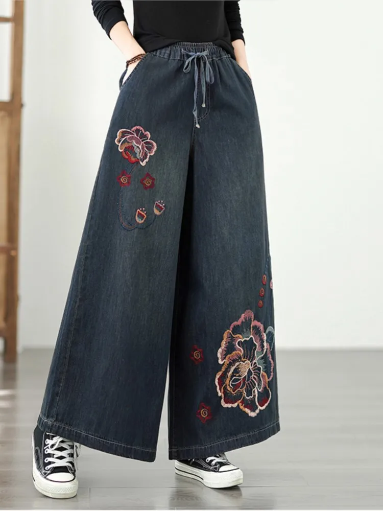 Damskie spodnie jeansowe oversize na jesień, z kwiatowym haftem, modne, luźne, z szerokimi nogawkami, elastyczna talia.