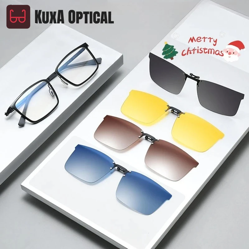 

KUXA Мужская оптическая оправа для очков с 4 зажимами, оправа для очков ночного видения для вождения по рецепту с градиентом синего и коричневого цвета