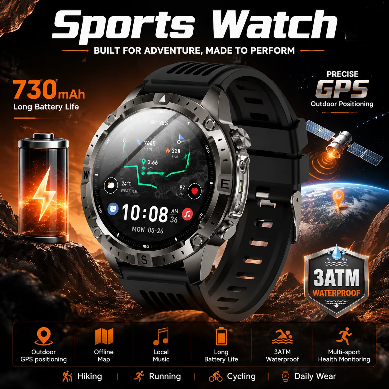 GUHUAVMI 2026 Nouvelle montre connectée GPS pour hommes et femmes, tracker d'activité sportive en plein air, écran AMOLED de 1,43 pouces, cartes hors ligne, musique locale, résistance à l'eau 3ATM, batterie 730 mAh, boussole, baromètre, altimètre, fréquence cardiaque SpO2, plus de 170 modes d'entraînement, lampe de poche, utilisation en extérieur