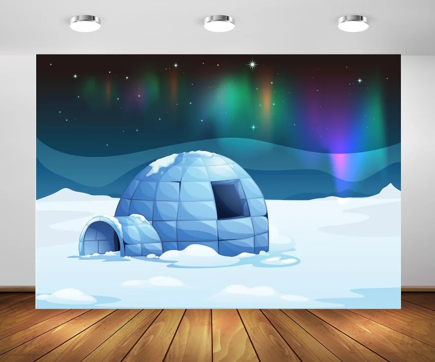 

Arctic Igloo Backdrop Colorful Aurora Borealis Northern Lights Sky Stars Snow Ice World Background Winter Christmas Party