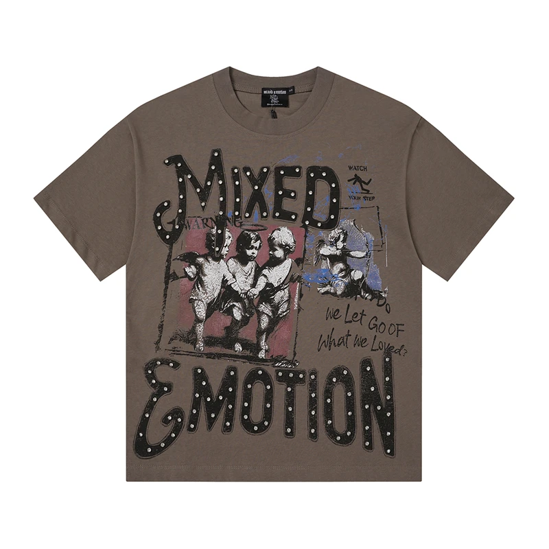 Mixed Emotion Gemstone Letter Summer Street-Look Loose Retro Short-Sleeved T-Shirt For Men and Women