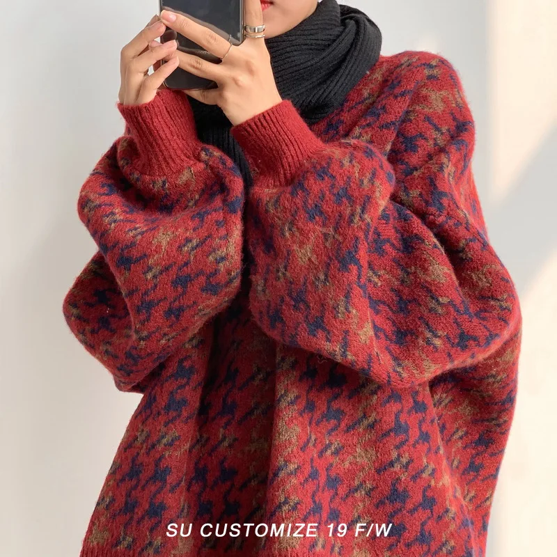 ZOKI Houndstooth Women Pullover Sweater Loose Knitted Vintage Casual O Neck Jumper Winter Red Warm Female Plaid Sweater New