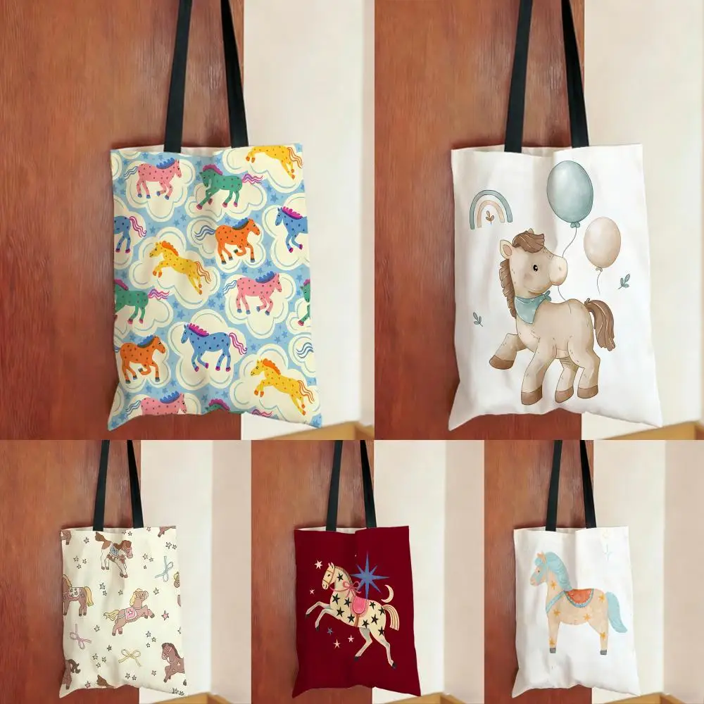 Cozy Childlike Cute Little Horse Characters Storage Bags Series Daily Print Bags Lightweight Shoulder Shopping Bags Tote Bag