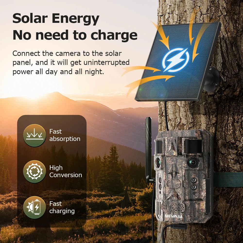 SHIWOJIA 4G Cellular 24MP Battery Solar PIR Motion Activated Wildlife Hunting Trail Camera IP66 Outdoor Night Vision