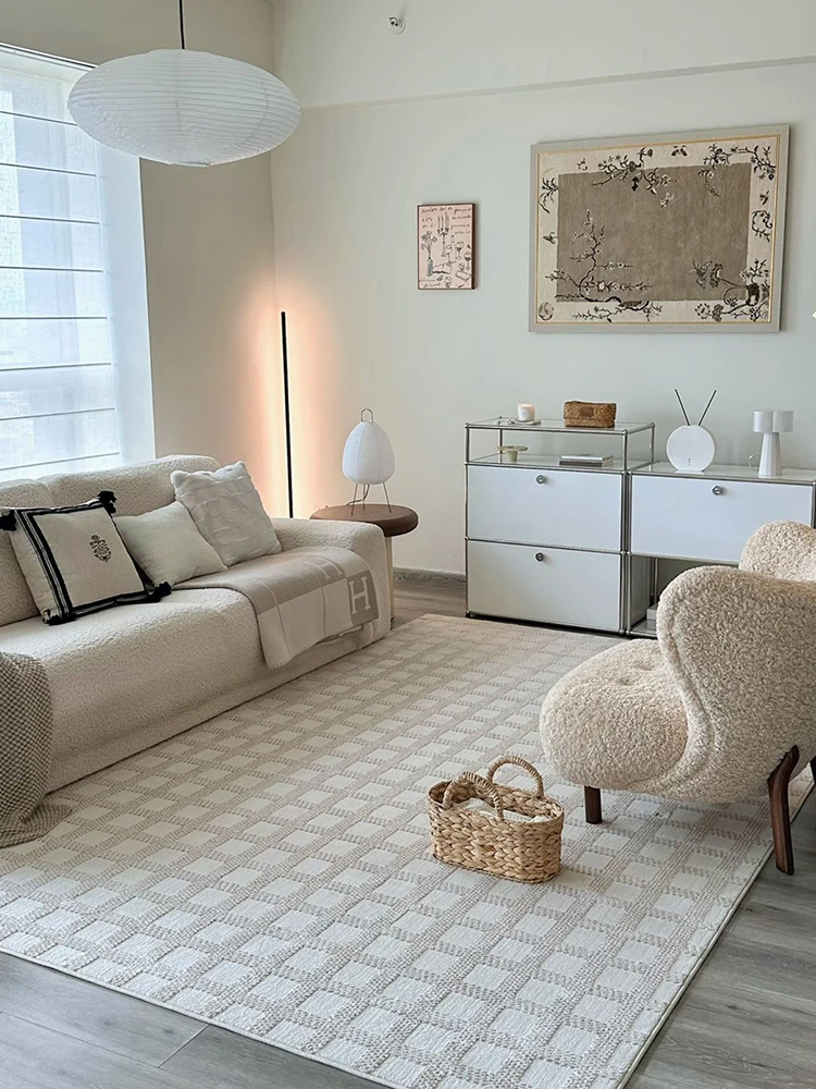 French Cream Style Living Room Carpet Plain Color Simple Modern Parlor Sofa Carpet No Glue Vintage Bedroom Floor Rug Thick Mat