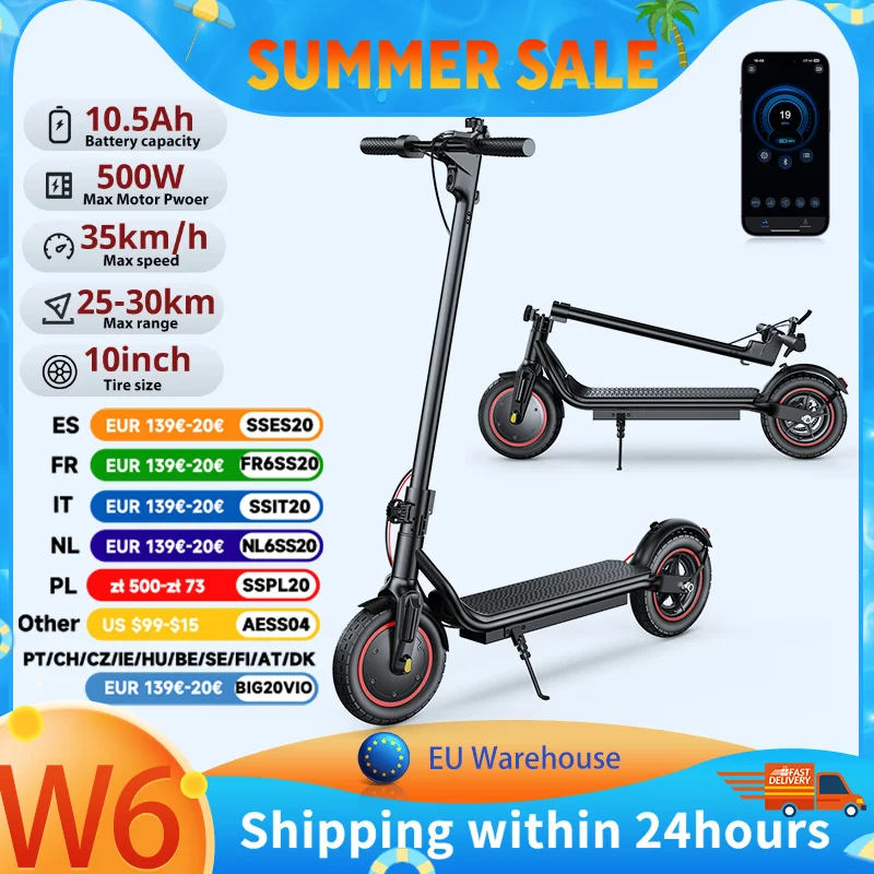 10 pouces W6 Scooter électrique 500W moteur 36V 10.5Ah 25-30km portée pneu gonflable vitesse 35 km/h frein à disque arrière e Scooter avec App