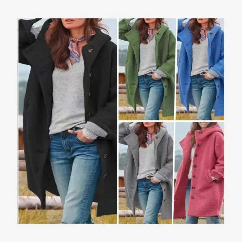 

Ele Long Length Woolen Coat for Women Pure Color Hooded Faion Outerwear Autumn Season Loose Fit Polyester Fiber