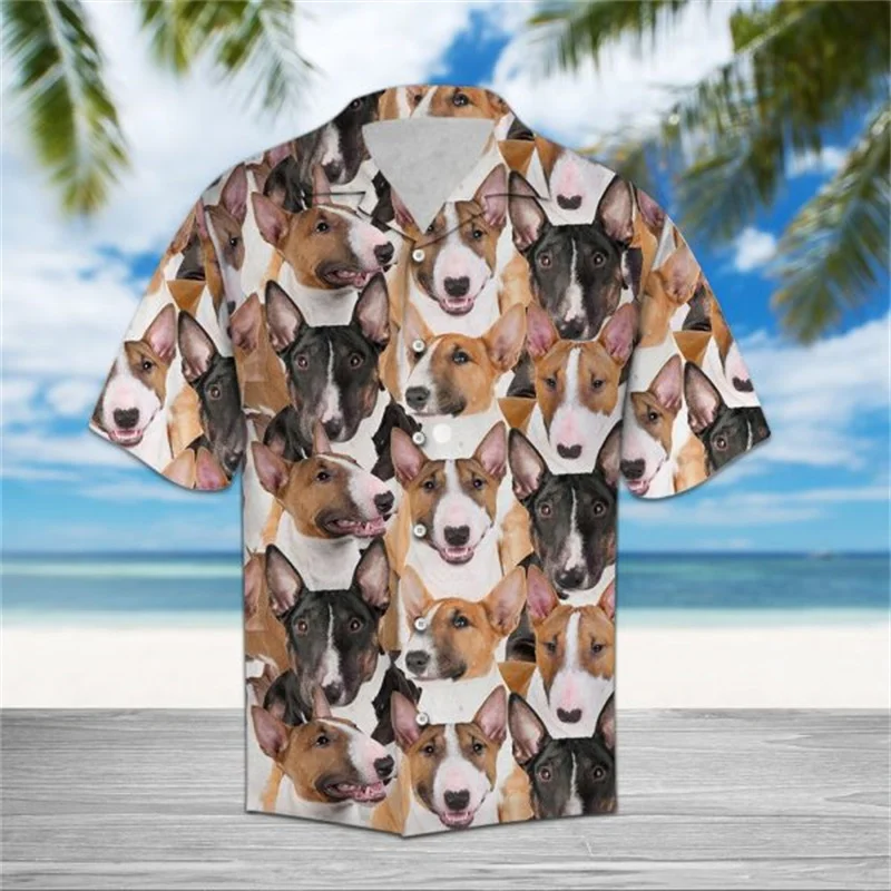 Summer Unisex Bull Terier Dog Pattern Hawaiian Shirts 3D Tropical Fruit Print Beach Shirt Casual Shortsleeve Bull Terrier Shirt