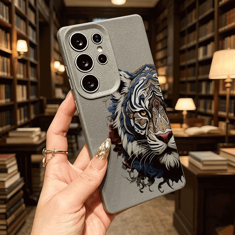 Art Tiger with Roses Lightweight Imitation Leather TPU Protective Cover for Samsung S26 S25 S24 S23 FE Plus A Series