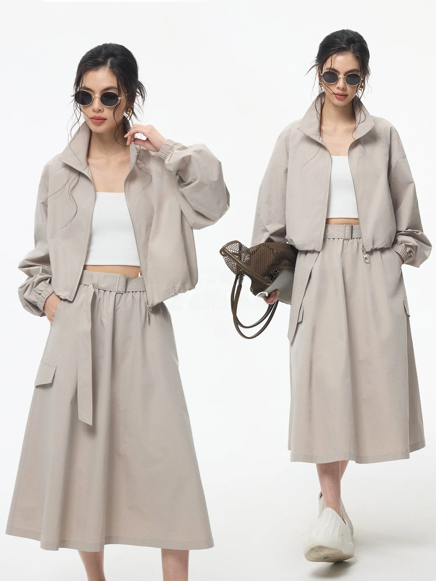 

ZzZHANG Street Style Casual Stand Collar A-Line Workwear Skirt Set Spring Summer Women's Fashion Outerwear Zipper Loose Fit