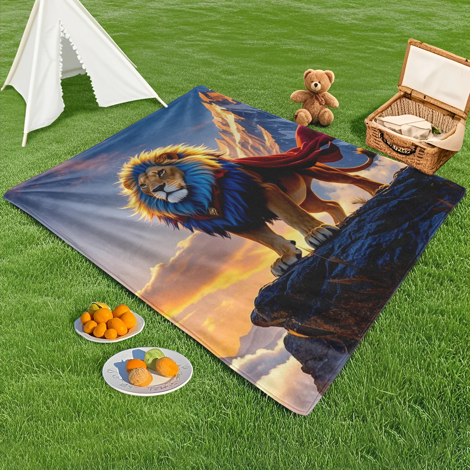 بطانية Lion Hero Red Cape Mountain Sunset مستوحاة من رحلة المغامرة الخارجية المهيبة والملحمية
