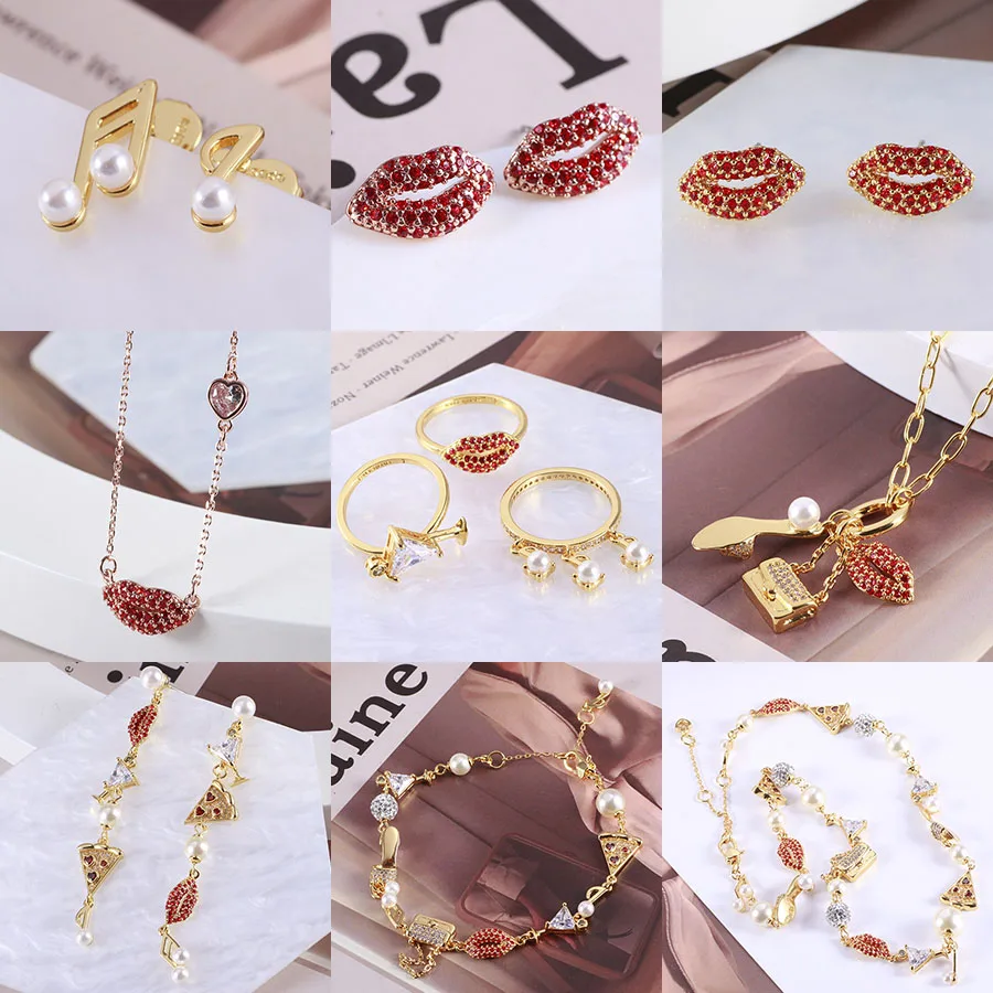 Euro-American Style Fashion Trend Lips Wine Glass Pizza Note Pearl Asymmetrical Earrings Necklace Bracelet Ring Lady