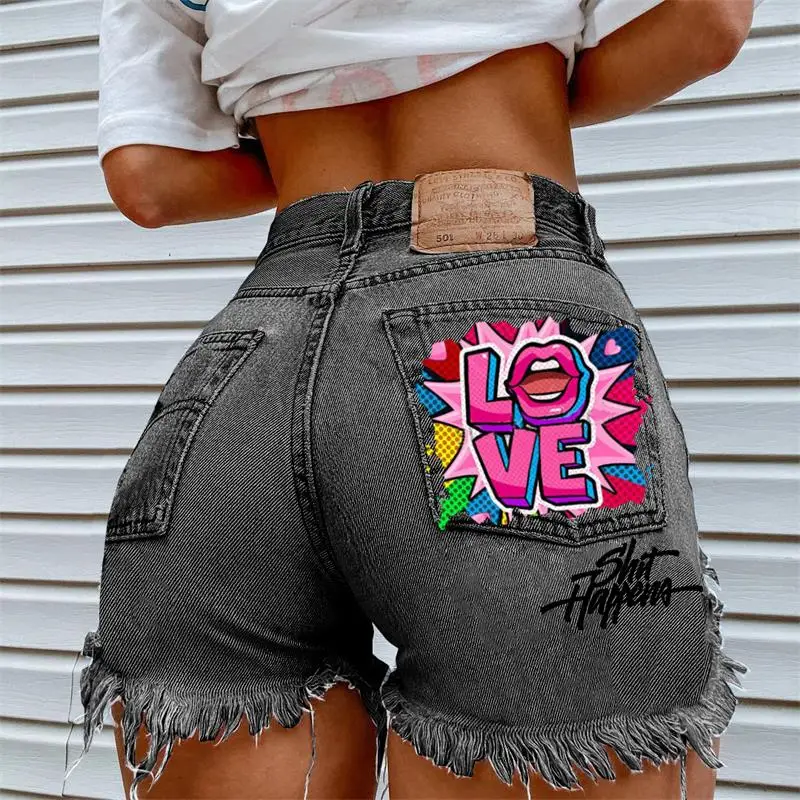 Pantaloncini di jeans da donna 2024 estate nuova moda stampa Rock Street Girl Hip Hop Casual Plus Size pantaloncini di jeans