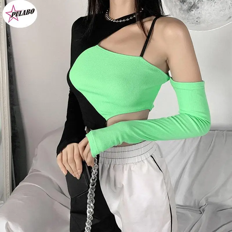 PULABO Tees Punk Sexy Black Green Patchwork Top Gothic Bodycon Hollow Out Long Sleeve T-shirt Streetwear Chic Backless Cropped