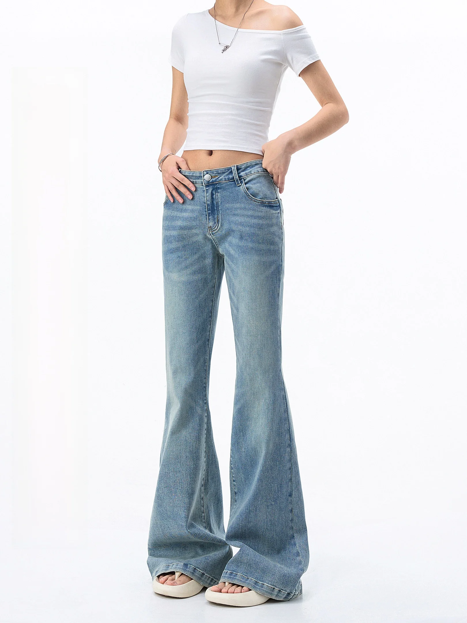 

Ichmode American High Waist Faded Micro Flared Jeans Women Summer Wide Leg Straight Long Pants Vintage Washed Denim Trousers