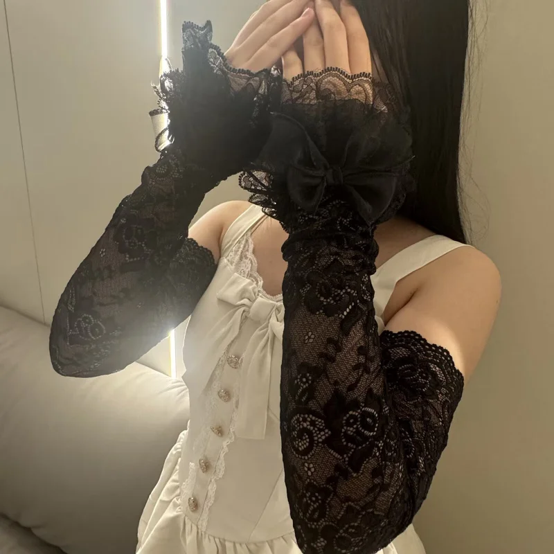 Y2K Long Lace Multi-layer Sweet Sleeves Fingerless Gloves Arm Cover Horn Cuff Wedding Dress Bridal Wrist Glove Cosplay Accessory