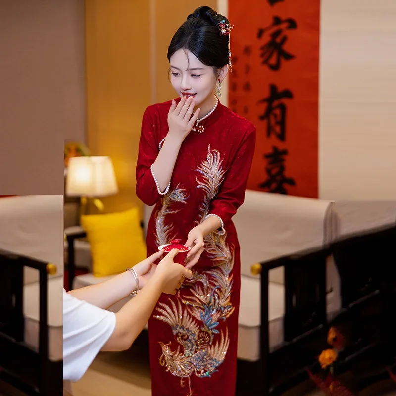 

Red Mermaid Improved Cheongsam 2024 New Style Young Women Retro Long Sleeve Chinese Bridal Dress Qipao