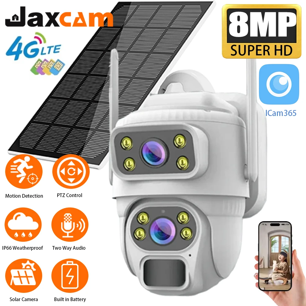 

Jaxcam 4K 8MP HD 4G SIM Camera 10X Zoom Outdoor Security protection Solar PTZ IP Camera Energy Battery CCTV Surveillance Came