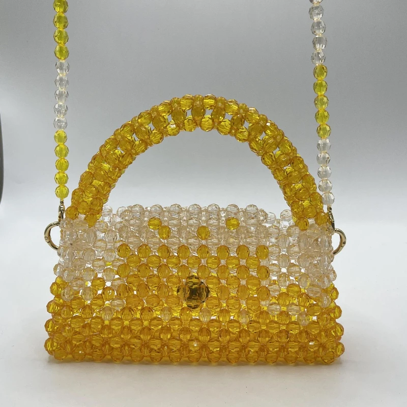 Fashion Acrylic Women Handbags Gradient Blue Beaded Tote Bags Summer Travel Mobile Phone Bag Wedding Evening Bag